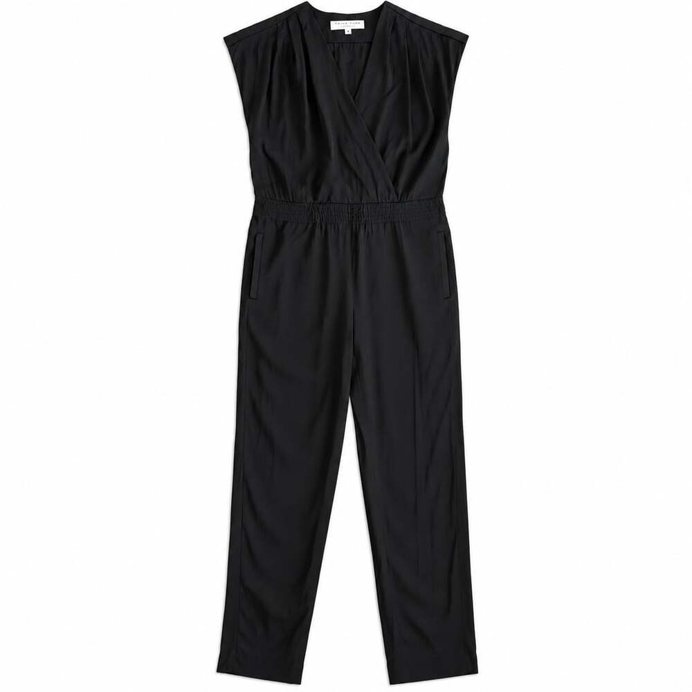 Trina Turk Black Surplice Jumpsuit Size 4 Smocked Waist Tapered Leg